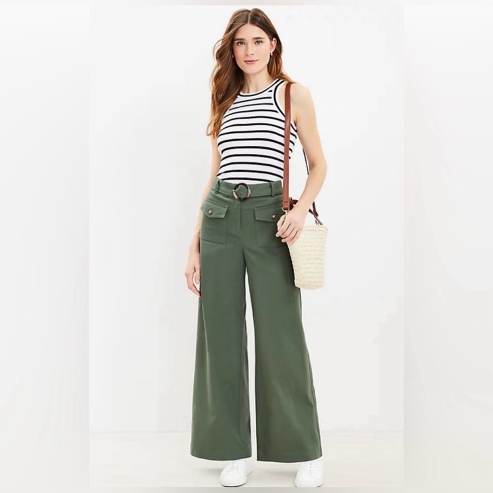 LOFT BELTED FRONT POCKET WIDE LEG OLIVE GREEN SIDE LEG PANTS SIZE 0 PETITE